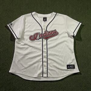 Majestic MLB Cleveland Indians White Home Button Up Baseball Jersey Women’s XXL